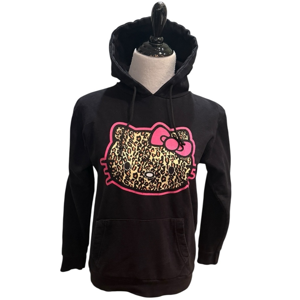 HELLO KITTY Black Hoodie Sweatshirt Pocket w/a Leopard Print Face & Pink Outline